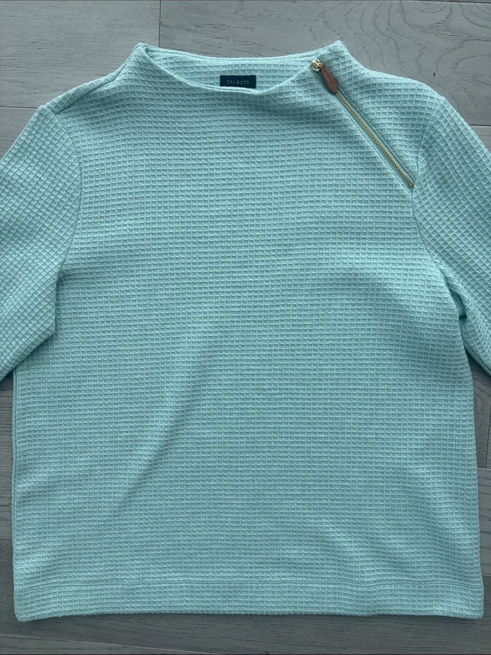 Talbots Zip Detail Funnel Neck Pullover Waffle Light Green Sweater Medium - Picture 4 of 7